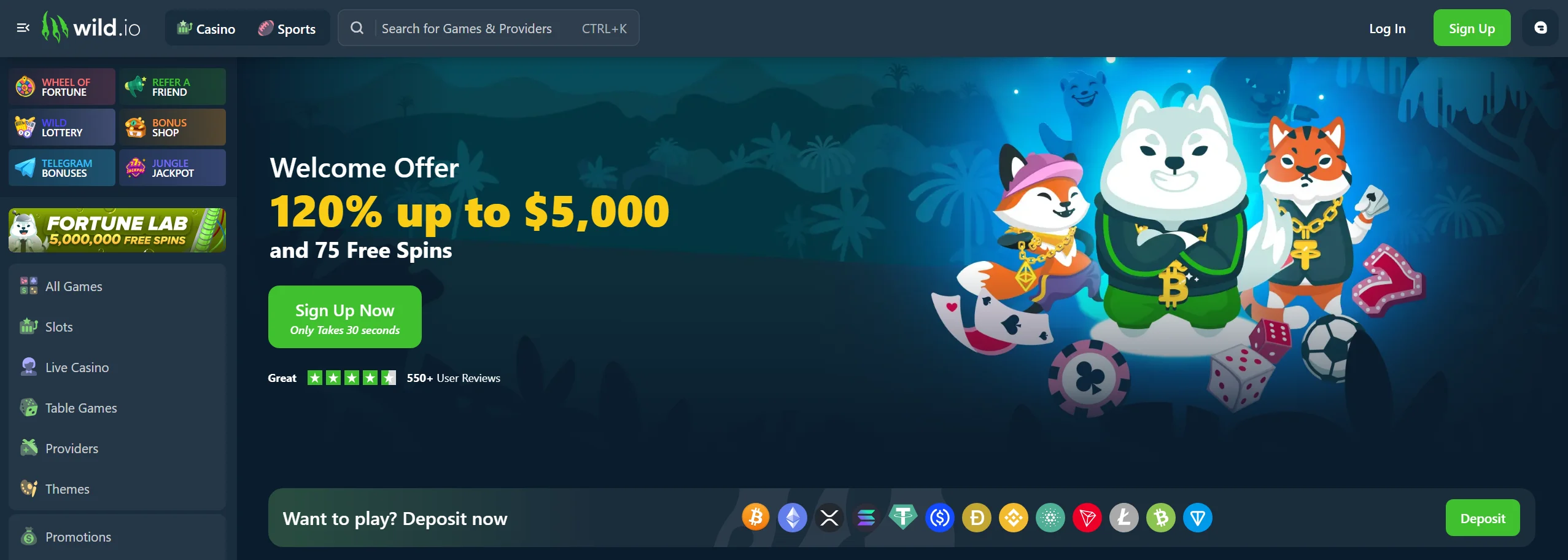 The sports homepage on the Wild.io Solana sportsbook.