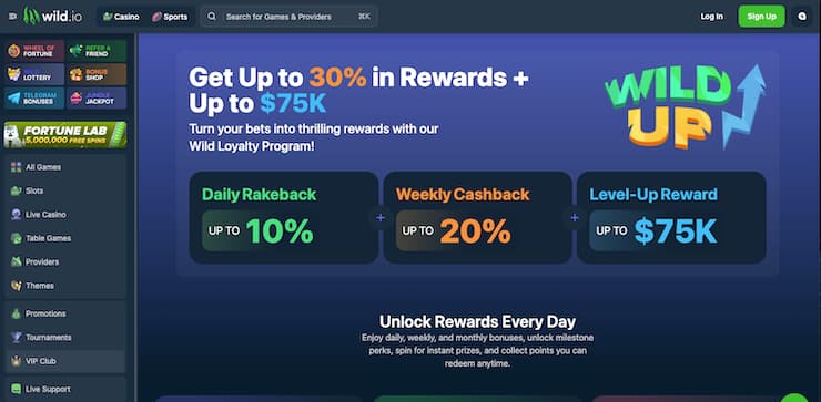 Wild.io VIP Bitcoin casino rewards page highlighting cashback and rakeback bonuses
