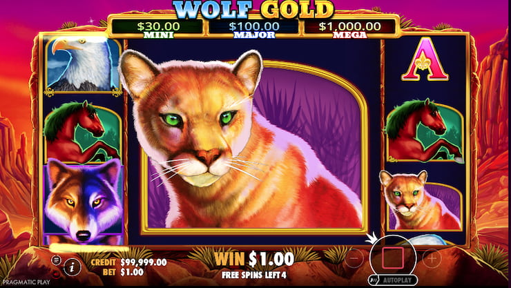 An image showing the free spins bonus in the Wolf Gold slot machine. 