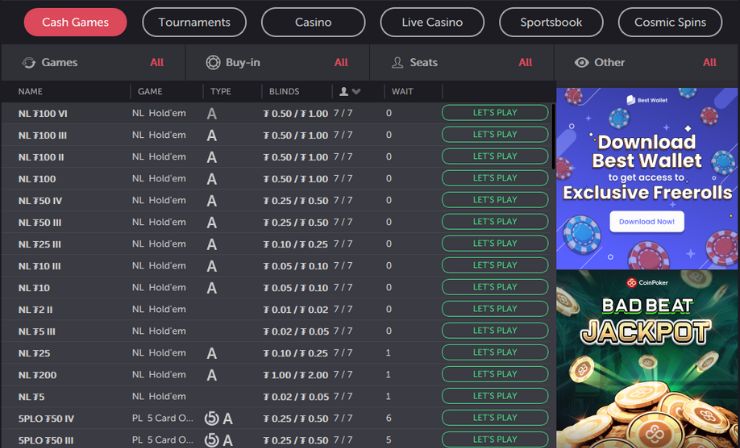 coinpoker cash games list