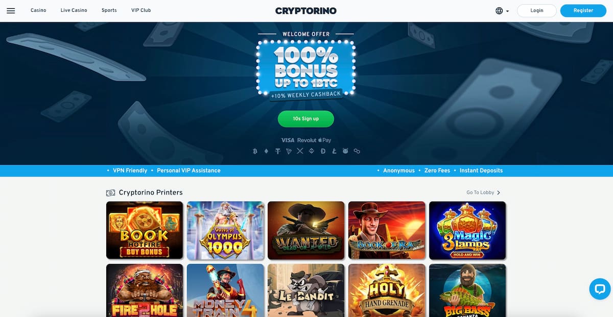 cryptorino nettside med krypto casino bonus og registrering