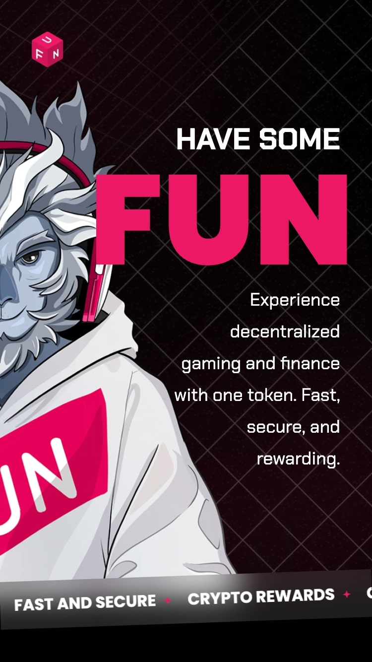 Image of Fun Token Mascot with text 'deentralised gaming & finance with one token.'