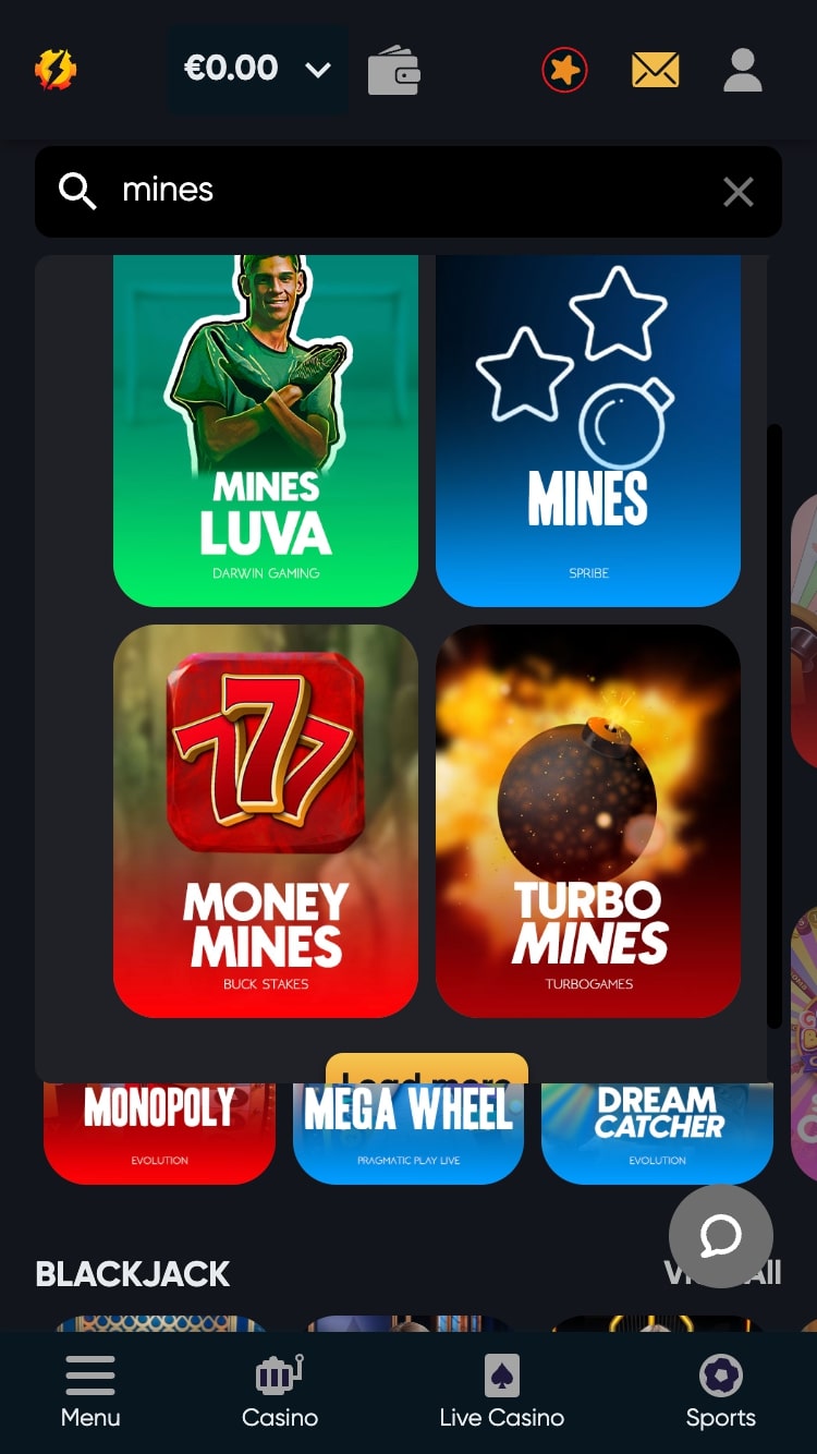 Mines Games lobby at Instant Casino showing different mines gambling and slots games.