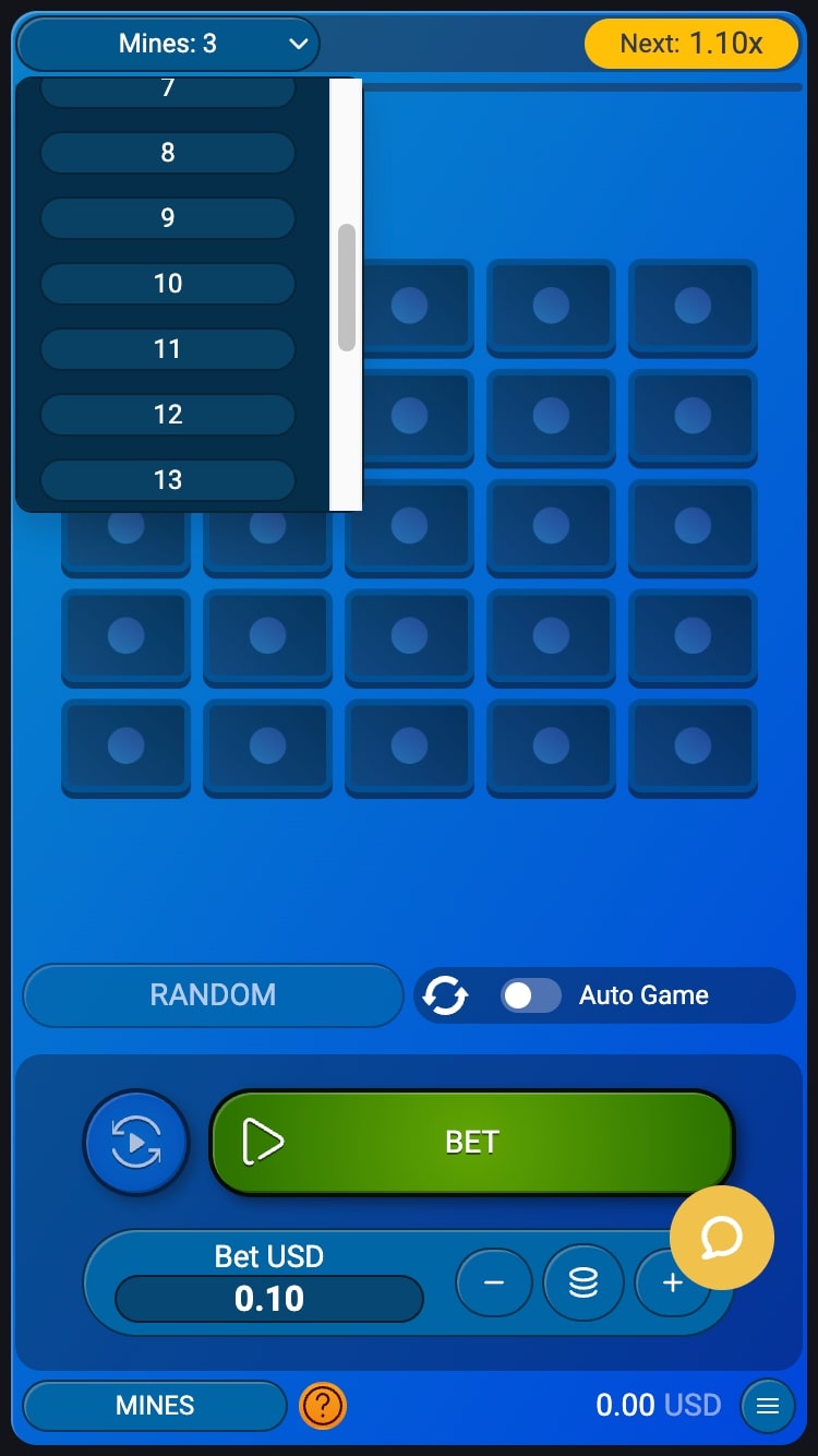 Mines gambling gameplay showing the number of tiles to choose on the grid.