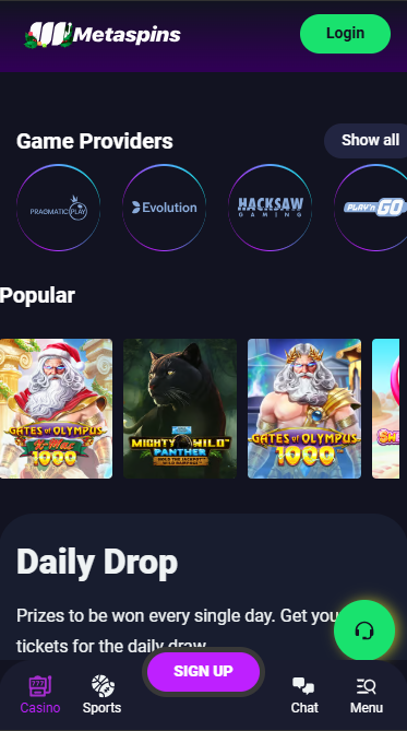 metaspins homepage showing their promotions and casino games on offer