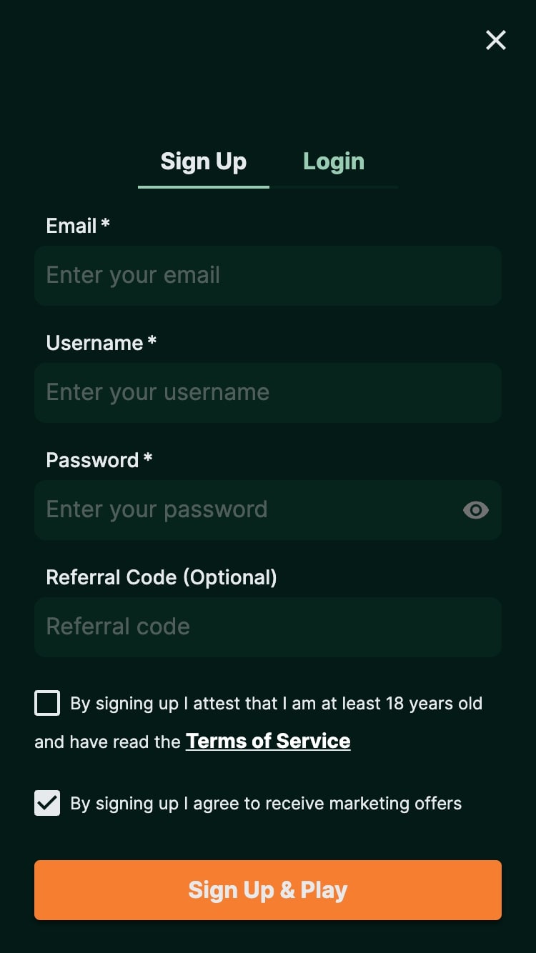 TG Casino sign up form