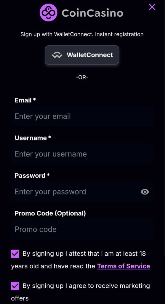 CoinCasino sign-up page.