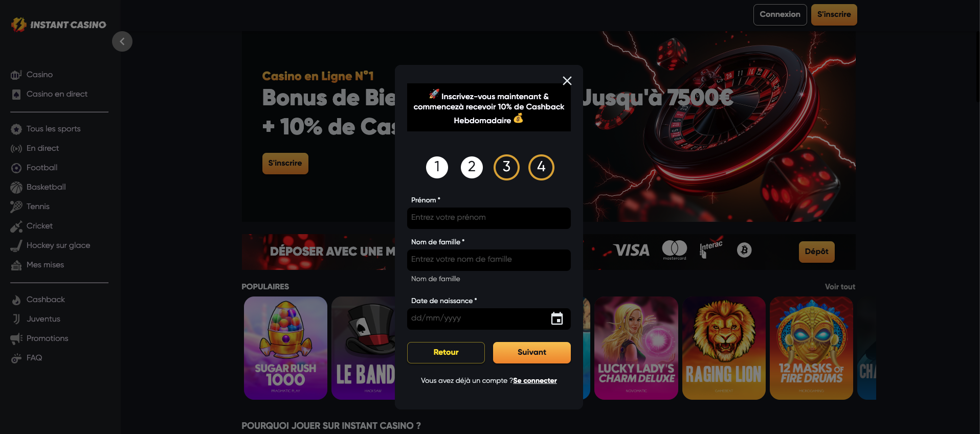 Inscription Instant casino bonus sans dépôt