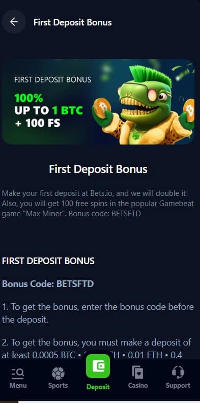 Bets.io Welcome offer of 1 BTC deposit bonus.