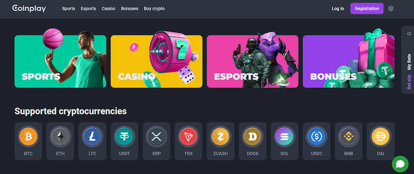 homepage of Coincasino showing esports, casino, sports and crypto payment methods.