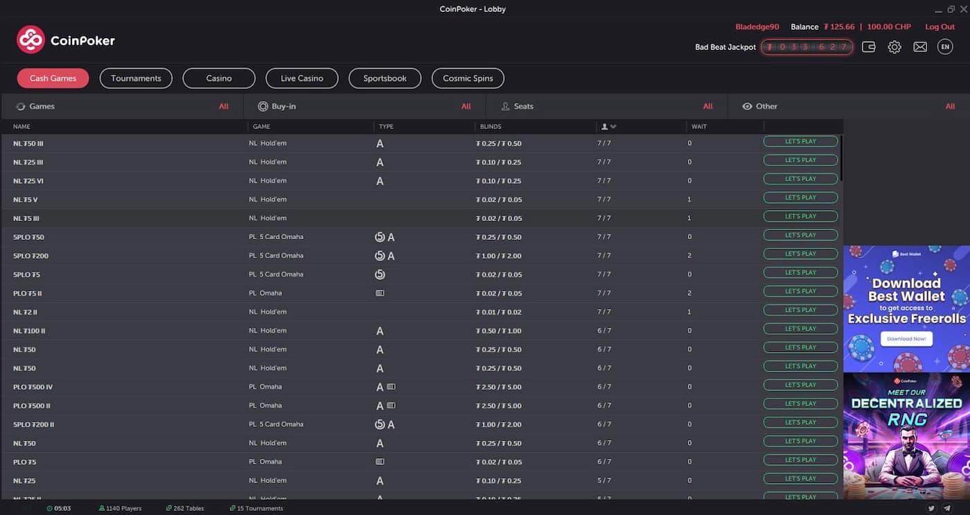 CoinPoker's online poker lobby showing numerous games of different stakes and table sizes.