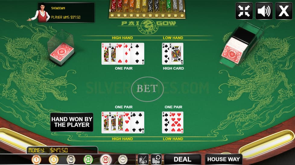 Pai Gow poker showing hand won by the player - with a 9 pair and King pair with J, 7, and 5 on the high hand side.