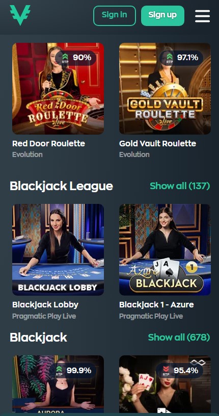 Mobile screenshot of the vave casino showing live casino games