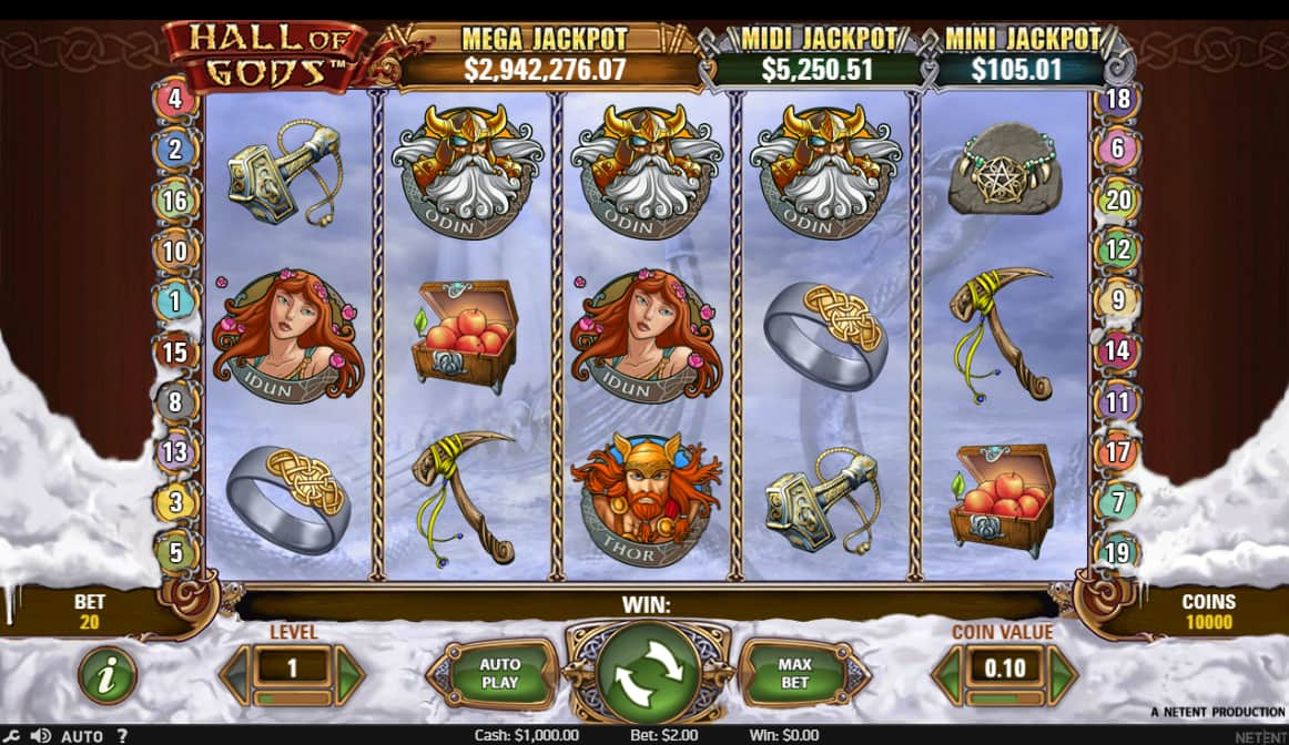 Hall of Gods game grid showing 5 reels across 3 columns with different symbols.