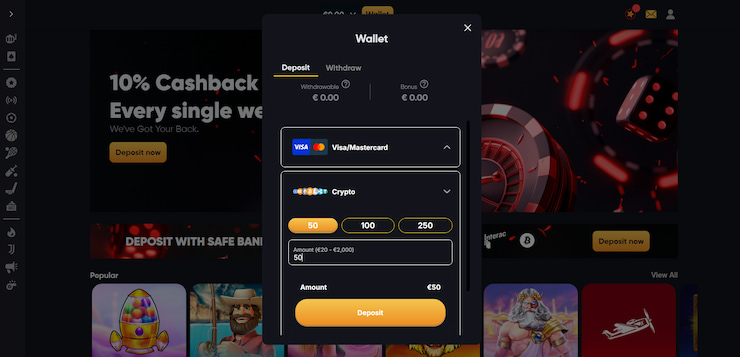 instant casino deposit page