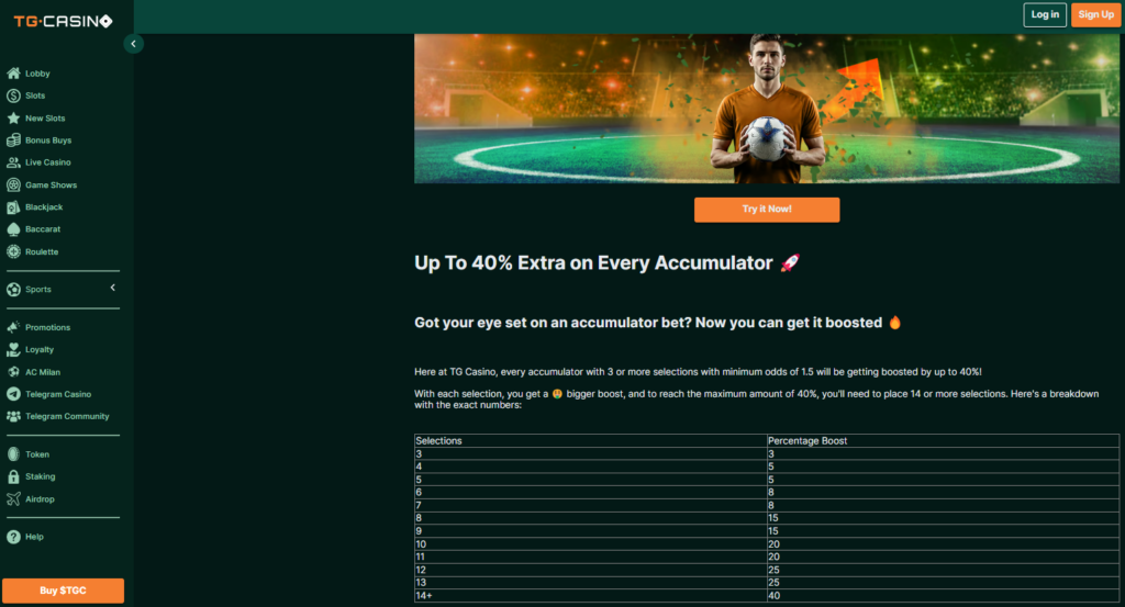 Accumulator promo on TG Casino