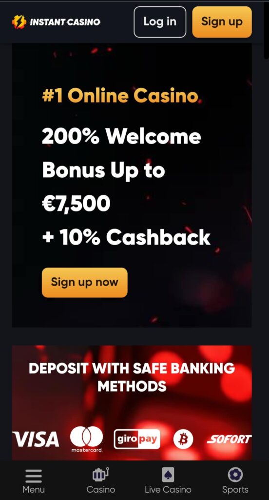 Instant casino mobile homepage.