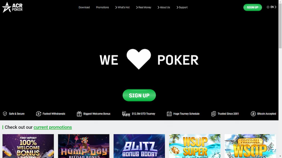 ACR Poker online poker site homepage.