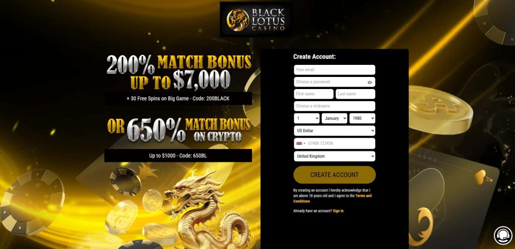 black lotus live casino account creation page