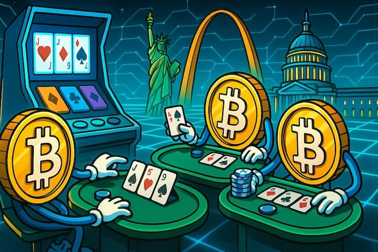A snapshot of different bitcoin poker variants with crypto coin characters in a futuristic arena