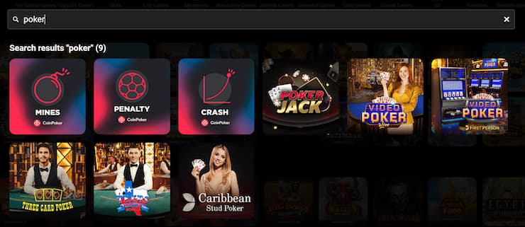 A snapshot of CoinPoker bitcoin poker games lobby with video poker and stud variants