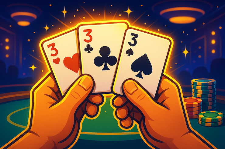 An image showing a player holding a three of a kind at a poker table.