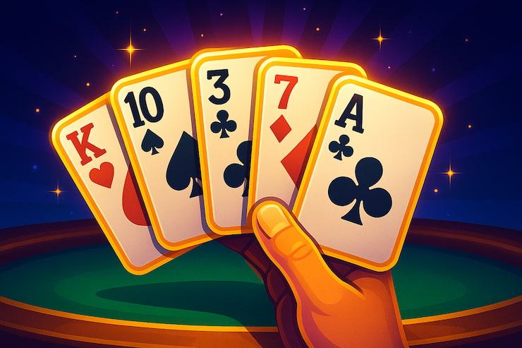 A visual showing a player holding five cards in 5 Card Draw poker.