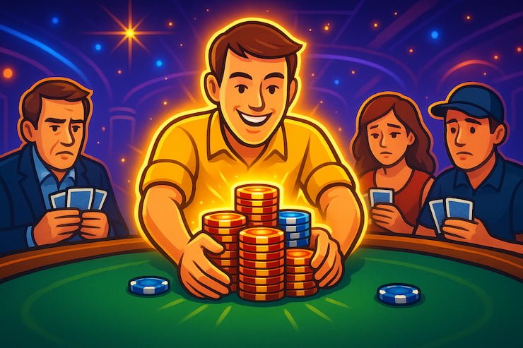 An image showing a player taking the pot in 5 Card Draw poker.