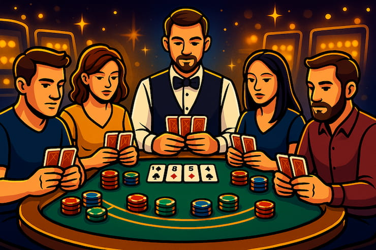 A picture showing 4 players and a dealer playing 7 Card Stud poker.