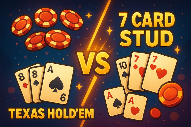 a graphic showing 7 Card Stud poker vs Texas Hold'em poker.