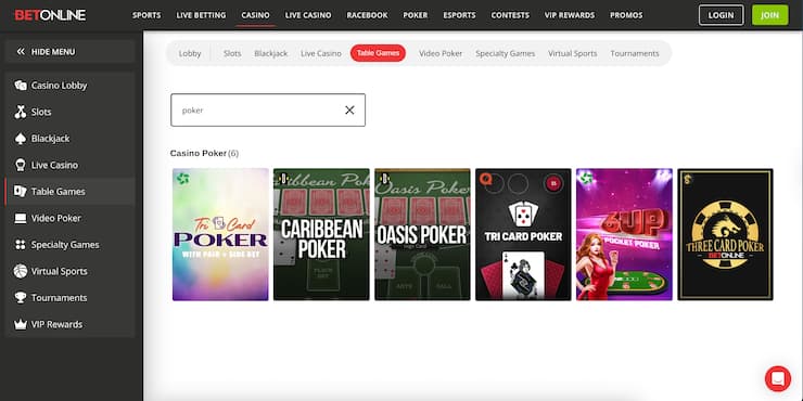A snapshot of the video poker games at betonline