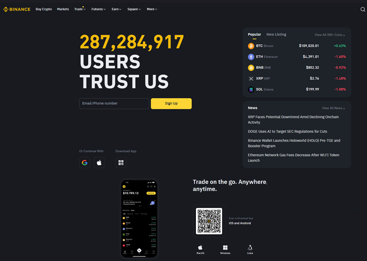binance eth poker wallet homepage with amount of users and price of crypto