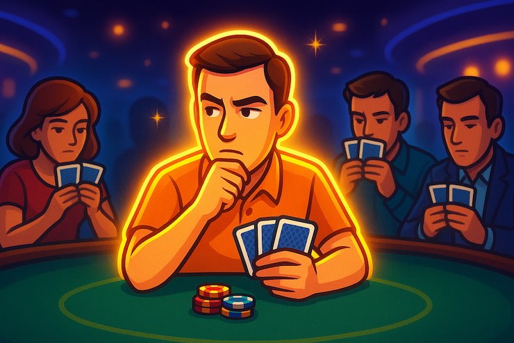 A graphic of a player analyzing his opponents in 5 Card Draw poker.