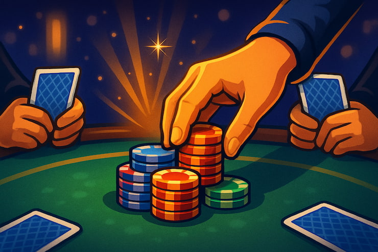 An image showing a player adding chips to the pot in 5 Card Draw poker.