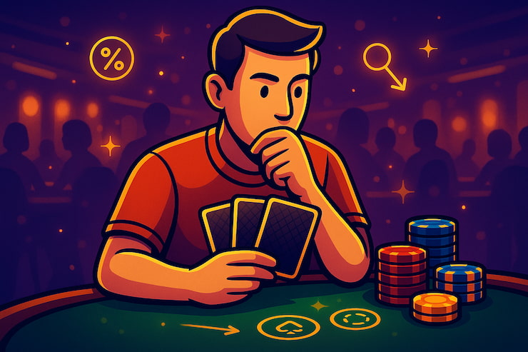 A visual showing a poker player holding three cards and considering his strategy.